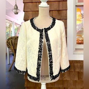 Embellished festive crop jacket ivory- black jewels Tory Burch Jcrew style